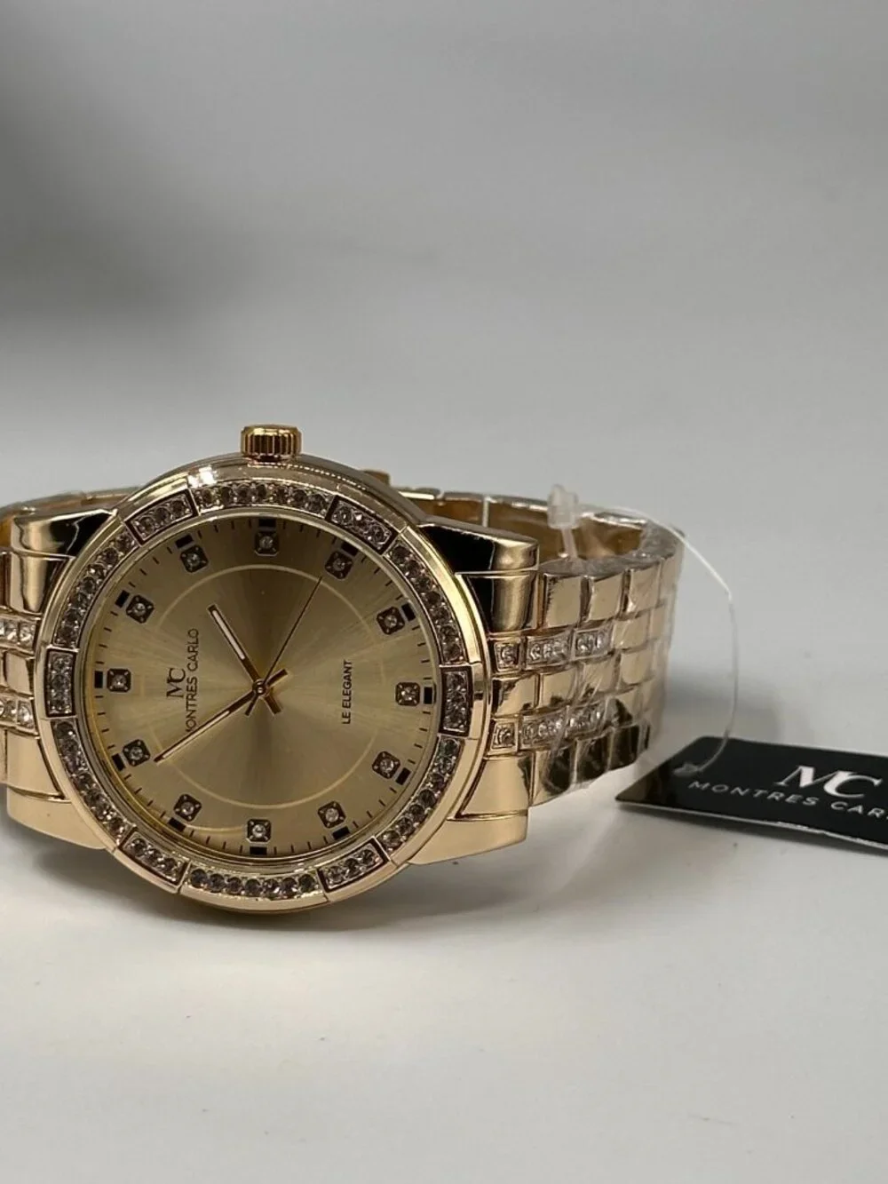Montres Carlo Watch Men Gold Tone Crystal Bezel Round Dial 45MM Works 8.75